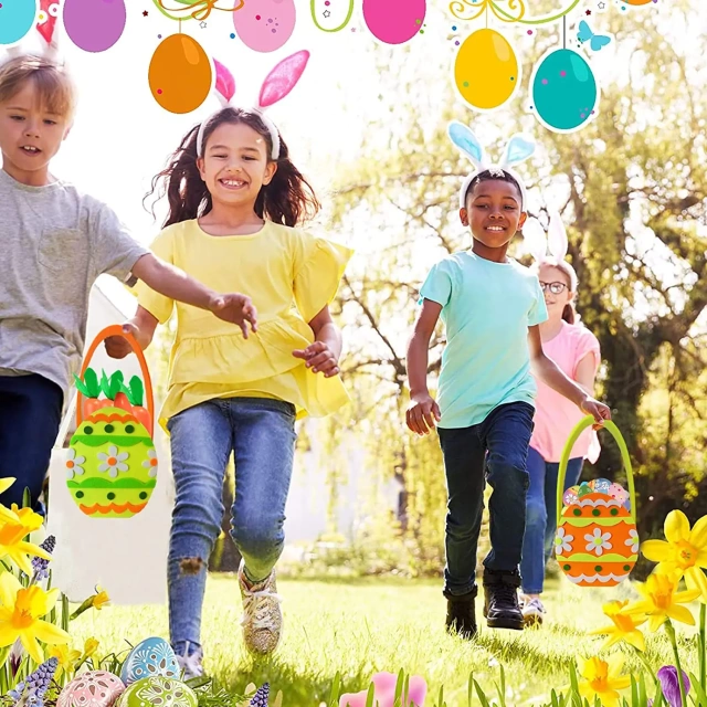 Vente en gros de décorations de poussins de Pâques en feutre à sublimation, paniers de chasse aux œufs de Pâques pour décorations de fête pour enfants, sacs de bonbons, seaux de friandises