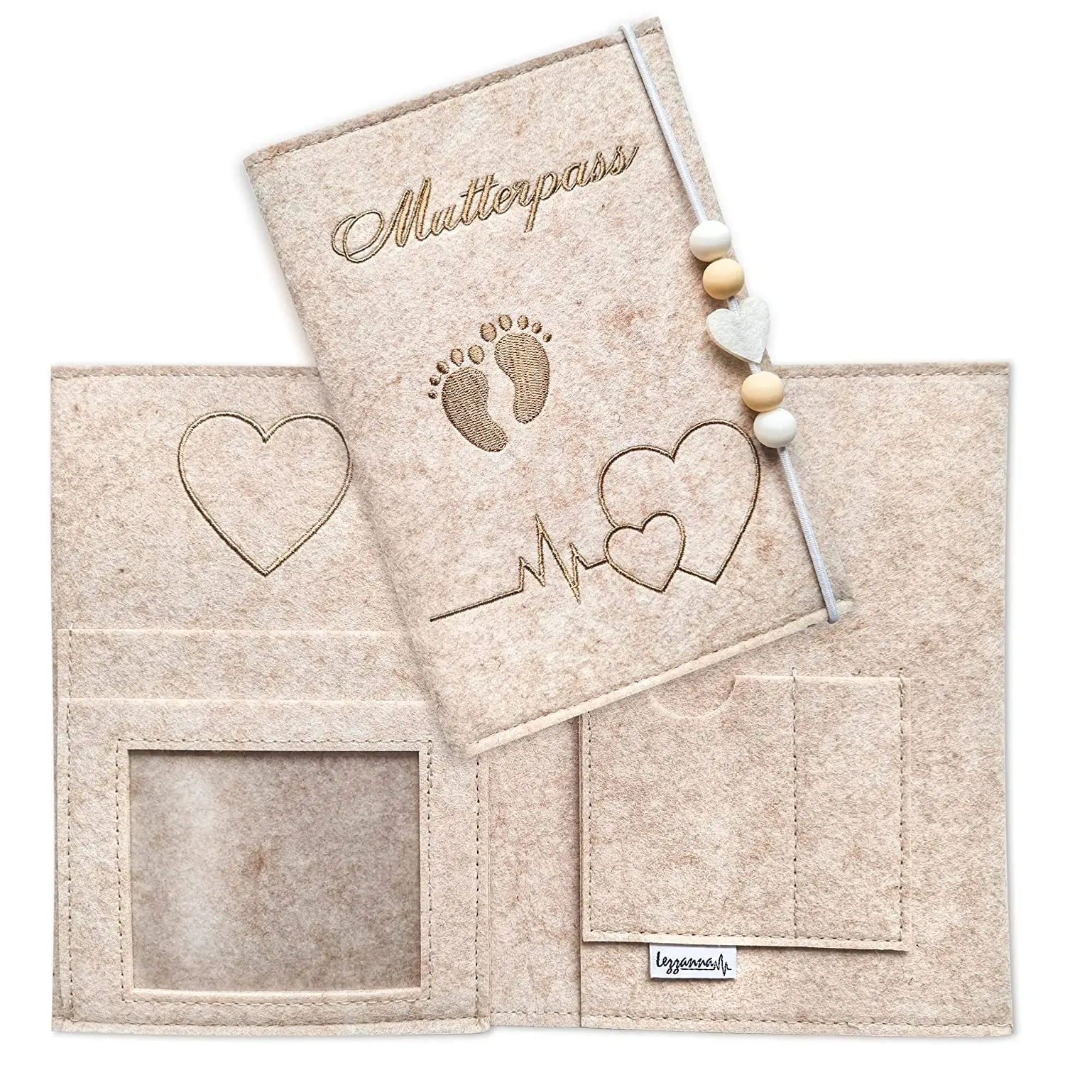 Custom Logo Beige Felt Mutterpass Cover with Silicone Beads