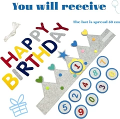 Sombrero de corona de fieltro reutilizable personalizado para fiesta de cumpleaños de niños de 0 a 9 años