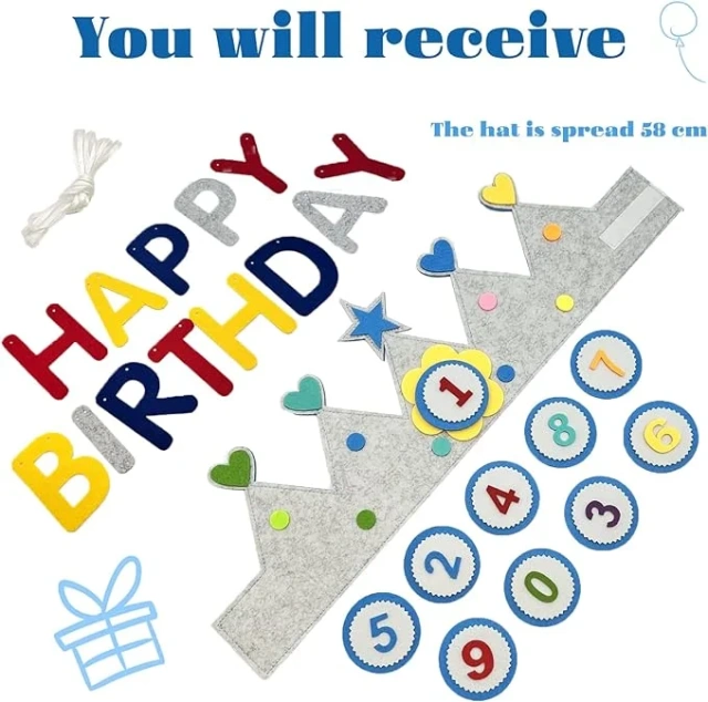 Sombrero de corona de fieltro reutilizable personalizado para fiesta de cumpleaños de niños de 0 a 9 años