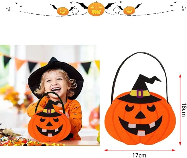 Canasta de dulces de Halloween de fieltro con forma de calabaza para pedir dulces 2025 para niños