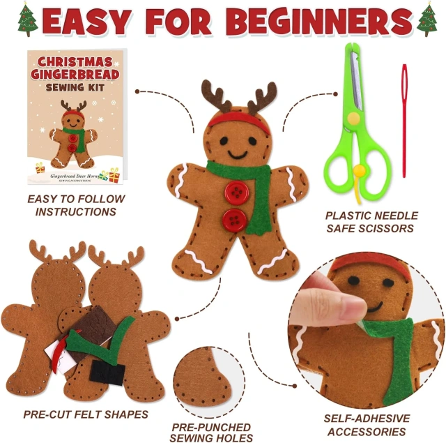 Kit de costura de fieltro para manualidades para niños S12 Hombre de jengibre navideño