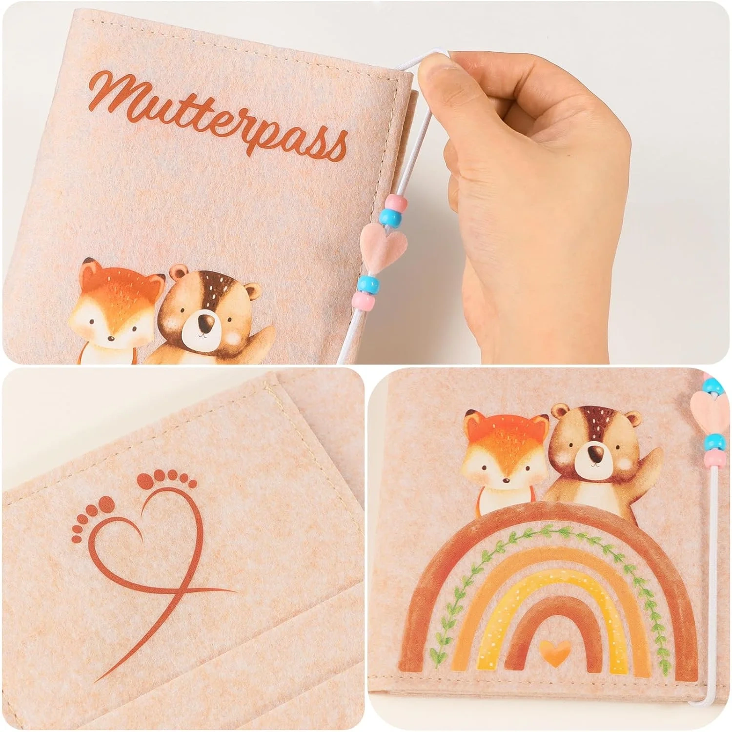Custom Printed Brown Rainbow Felt Maternity Log Pass Cover with Elastic String Heart Beads