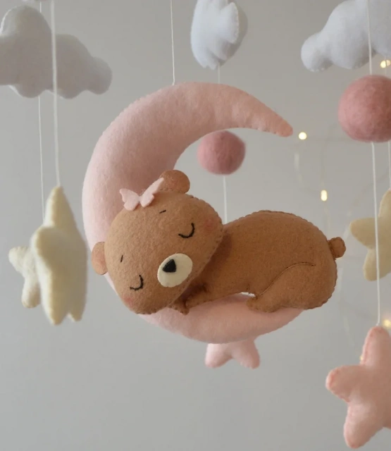 Handmade Stuffing Pink Bear Nursery Felt Crib Baby Mobile