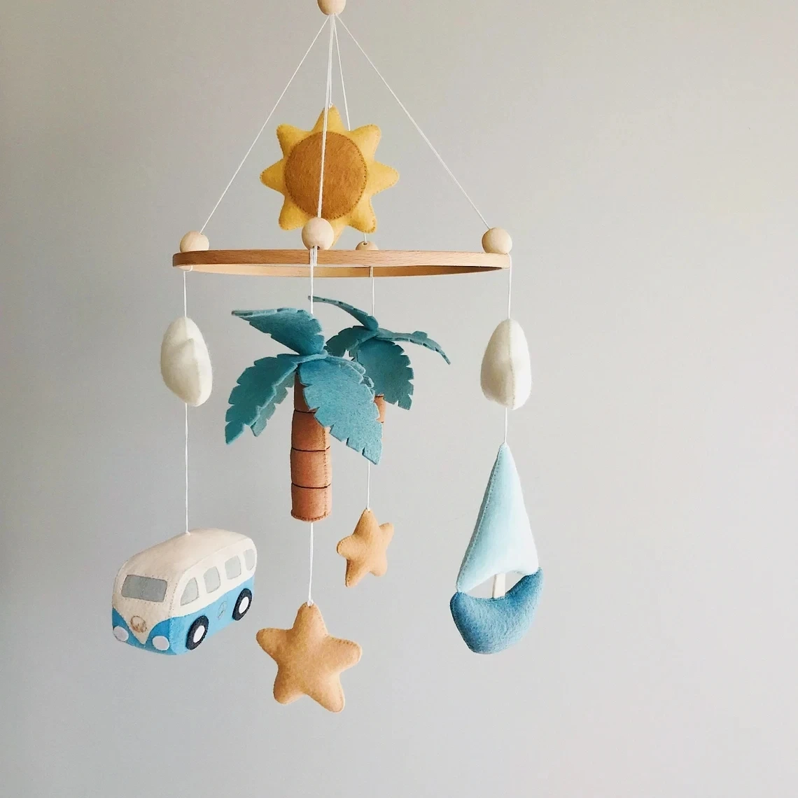 Beech Sailboat Palm Tree Bus Sun Star Felt Baby Crib Mobile