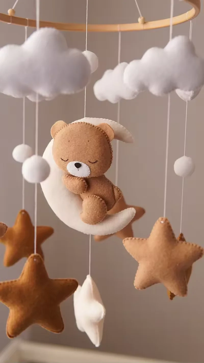 Handmade Brown Sleeping Bear Nursery Felt Baby Crib Mobile