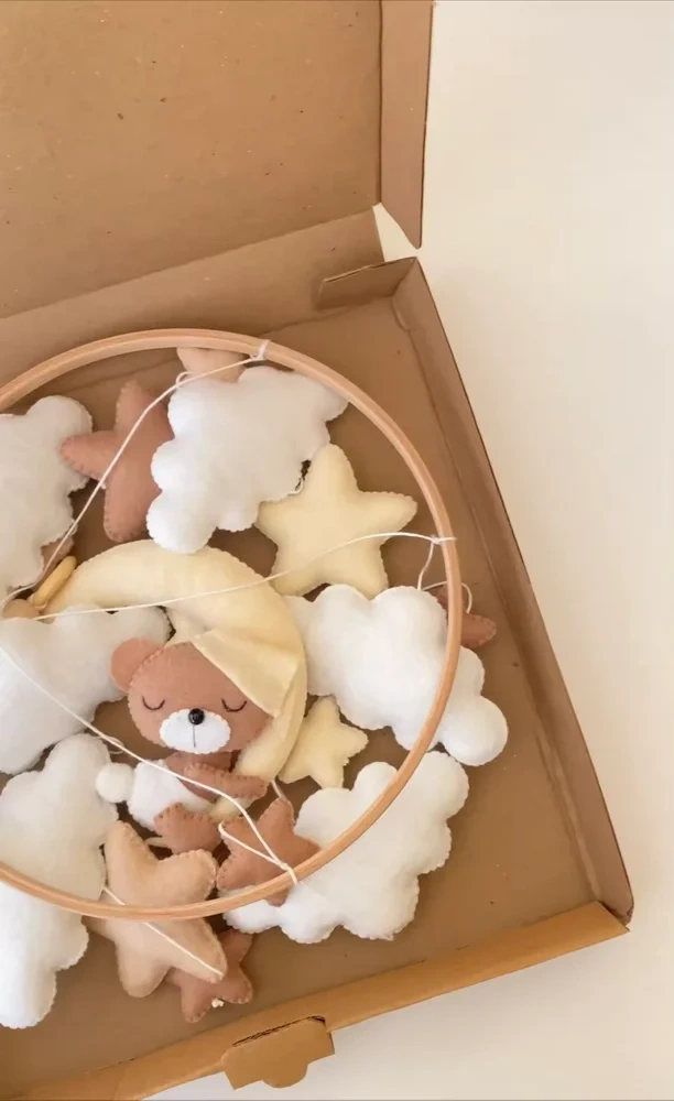 Beige Sleeping Bear Moon Cloud Star Felt Baby Crib Mobile