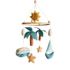 سرير أطفال متنقل مصنوع من خشب الزان وشجرة النخيل والشمس والنجوم