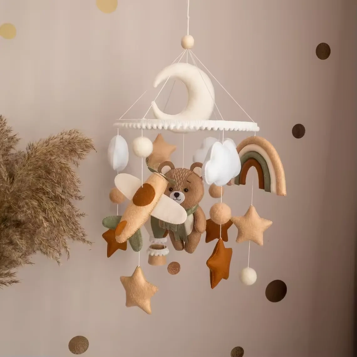 Bear Air Balloon Plane Rainbow Nursery Felt Crib Baby Mobile