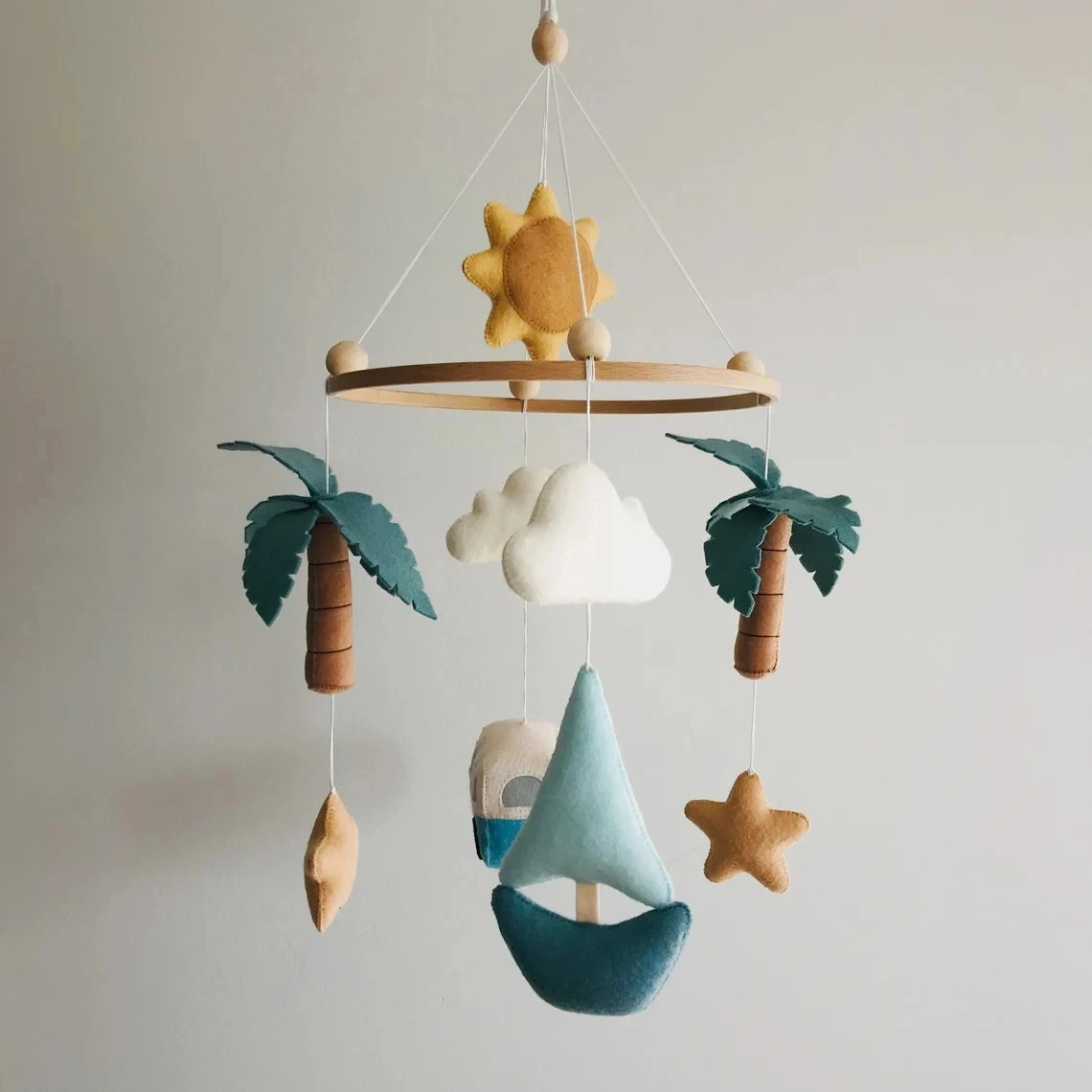 Beech Sailboat Palm Tree Bus Sun Star Felt Baby Crib Mobile