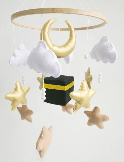 Islamic Muslim Quran Mecca Kaaba Cube Gold Felt Baby Mobiles