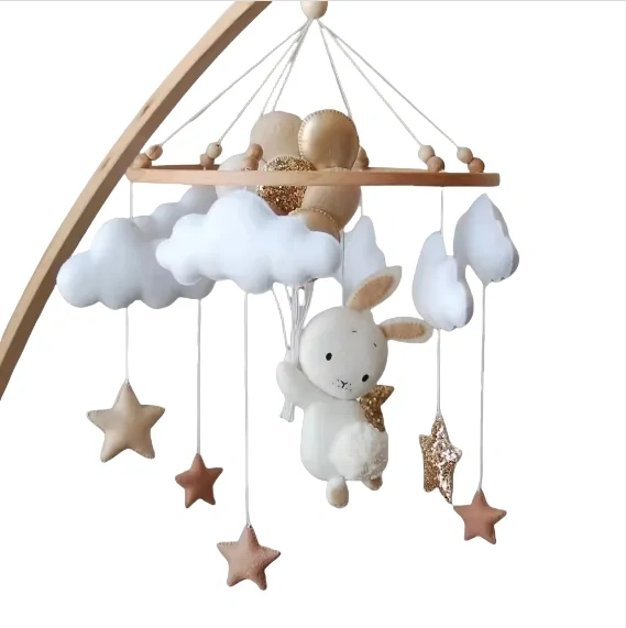 Móvil de fieltro para cuna de bebé con forma de conejito, nube y estrella de calidad