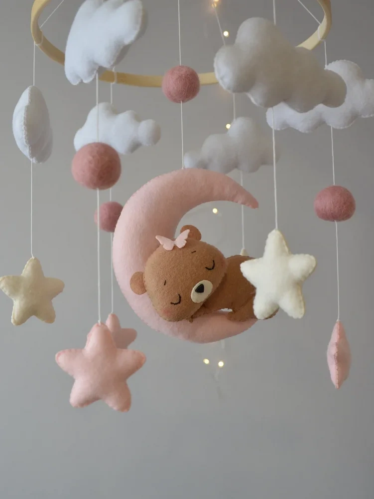 Handmade Stuffing Pink Bear Nursery Felt Crib Baby Mobile