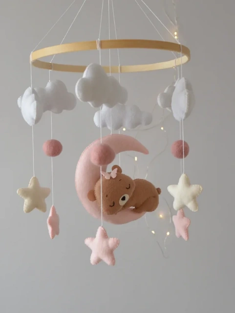 Handmade Stuffing Pink Bear Nursery Felt Crib Baby Mobile