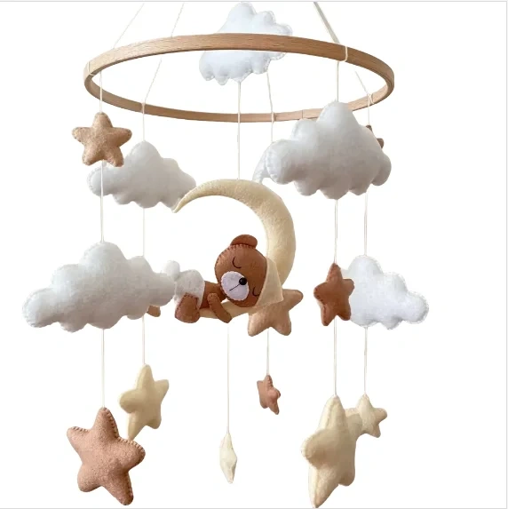 Beige Sleeping Bear Moon Cloud Star Felt Baby Crib Mobile