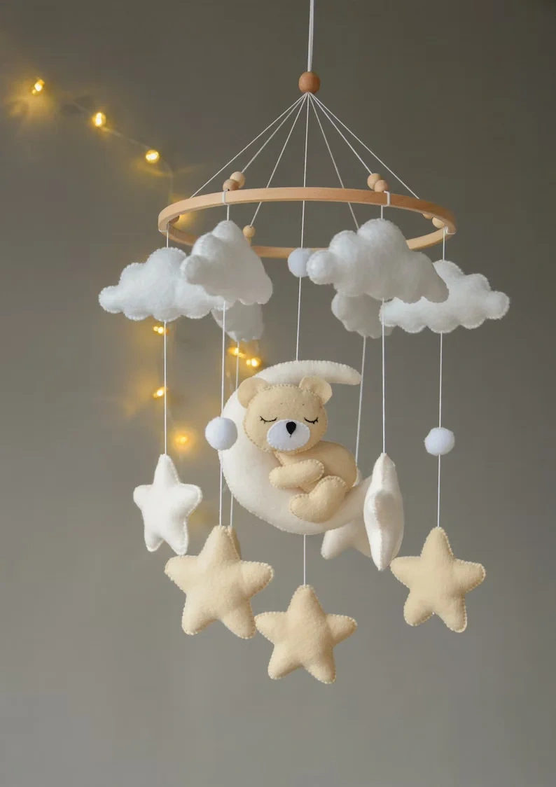 Handmade Cream Sleeping Bear Nursery Felt Crib Baby Mobile