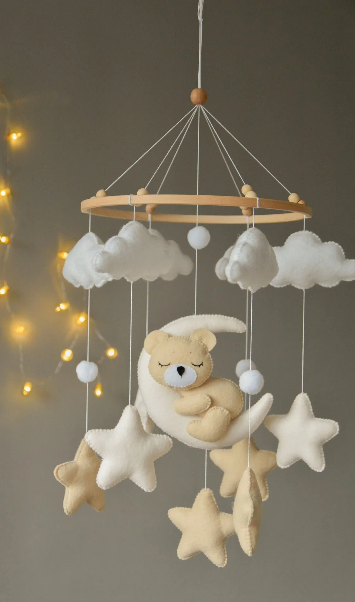 Handmade Cream Sleeping Bear Nursery Felt Crib Baby Mobile