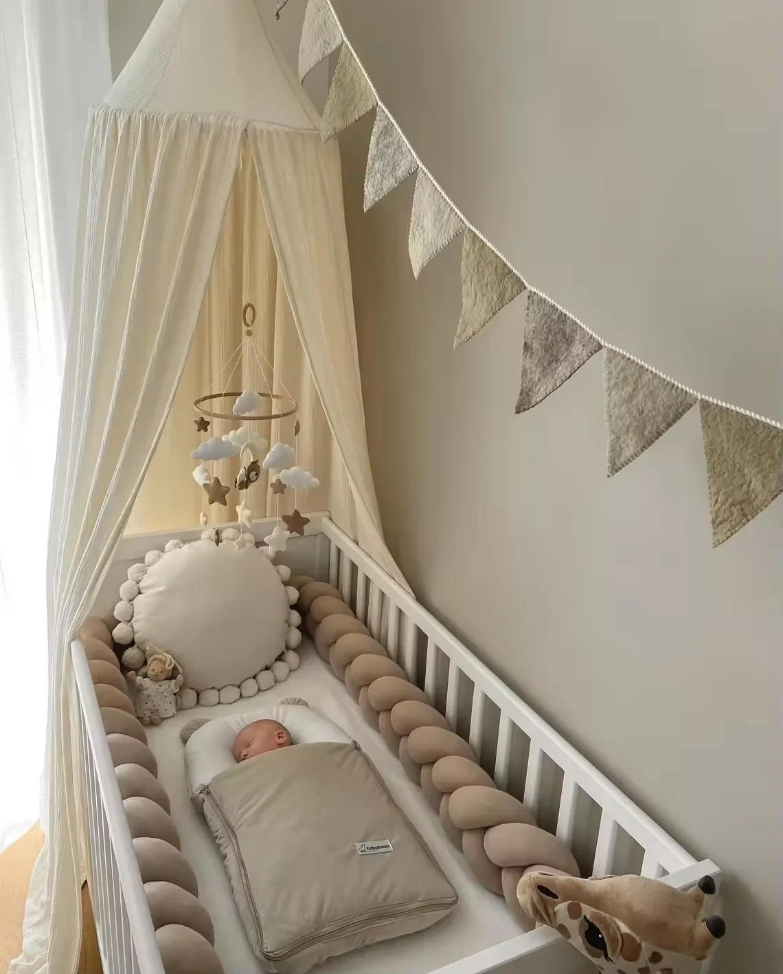 Beige Sleeping Bear Moon Cloud Star Felt Baby Crib Mobile