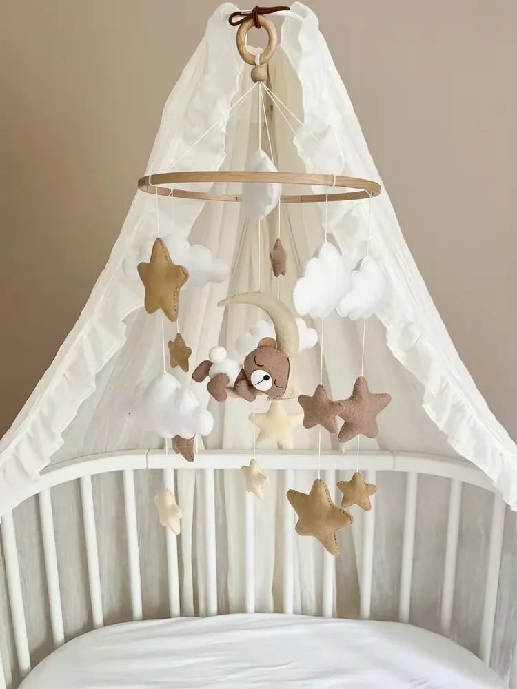 Beige Sleeping Bear Moon Cloud Star Felt Baby Crib Mobile