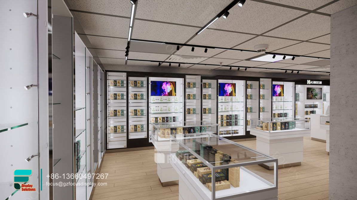 smoke shop shelves showcases glass display retail store