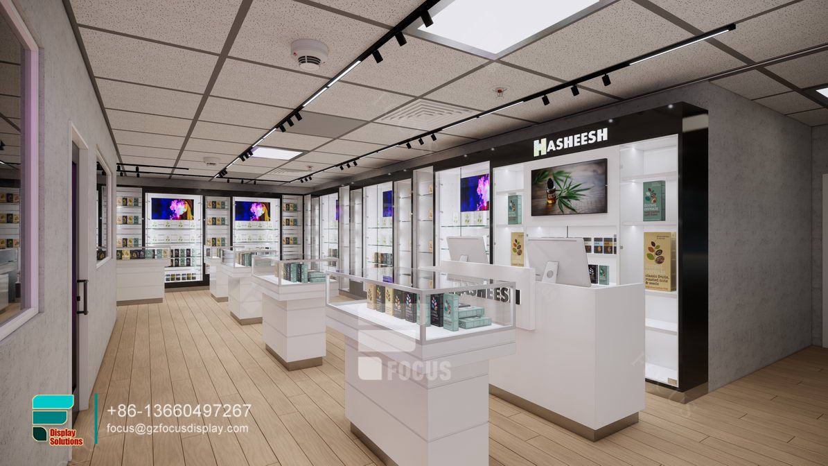 smoke shop shelves showcases glass display retail store