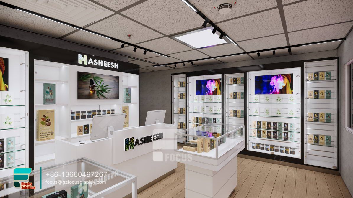 smoke shop shelves showcases glass display retail store