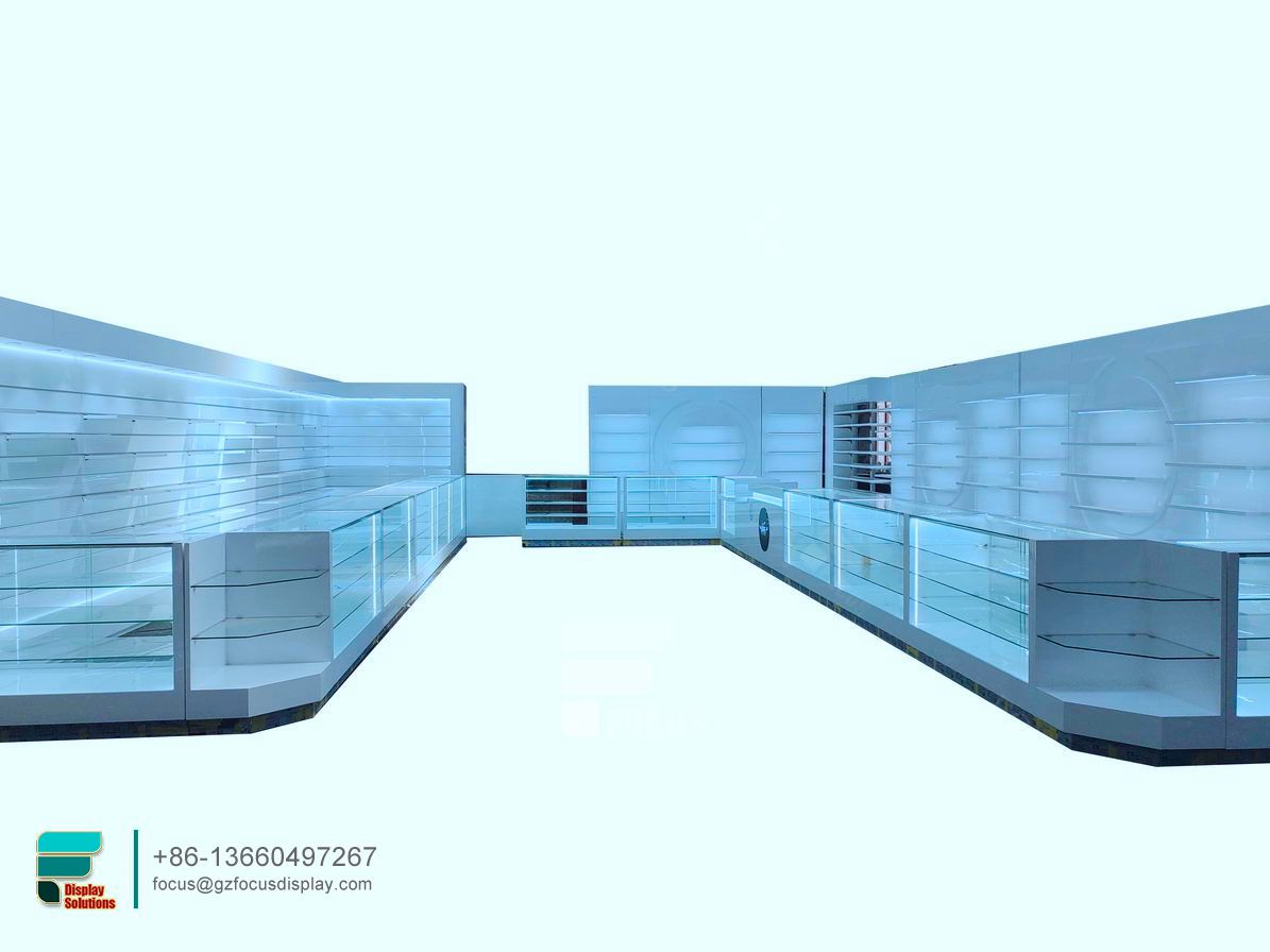 smoke shop showcase glass shelves cabinet cigarette display