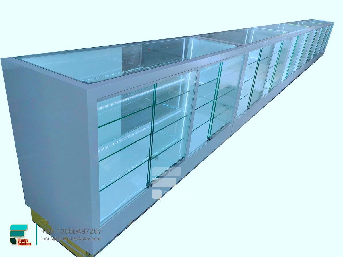 smoke shop showcase glass shelves cabinet cigarette display