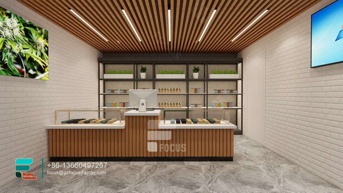 dispensary counter countertop glass display cigarette shelving