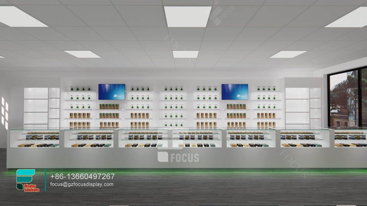dispensary store design showcase glass tobacco display rack