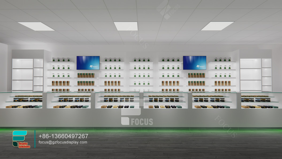 dispensary store design showcase glass tobacco display rack