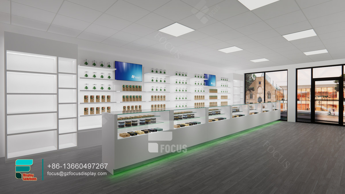dispensary store design showcase glass tobacco display rack