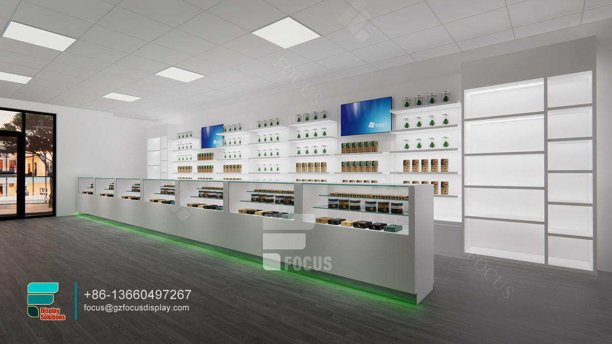 dispensary store design showcase glass tobacco display rack