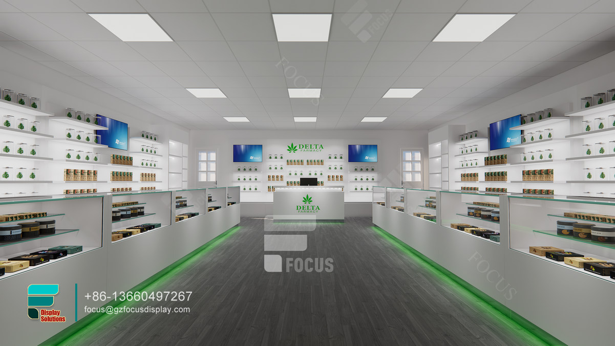 dispensary store design showcase glass tobacco display rack
