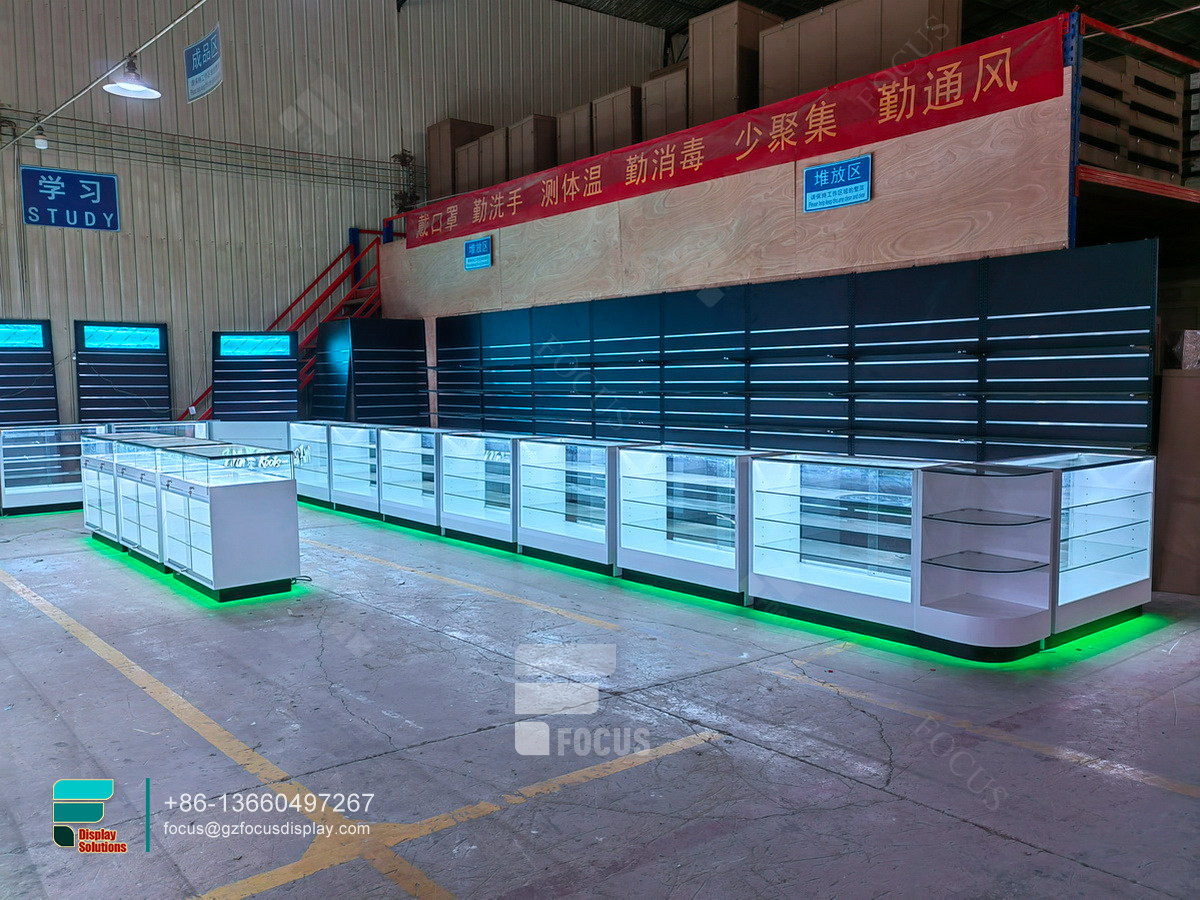 custom dispensary display cases round glass display case