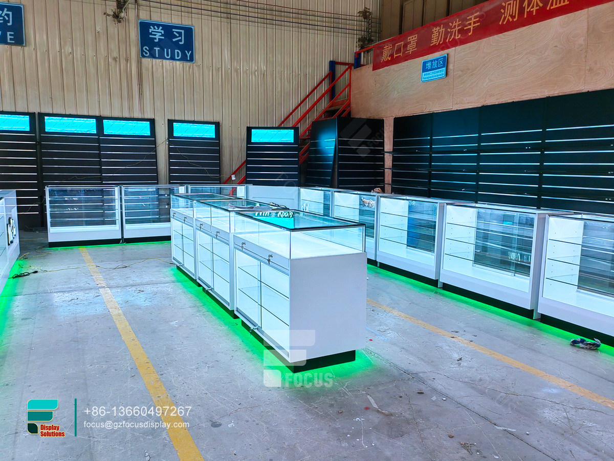custom dispensary display cases round glass display case