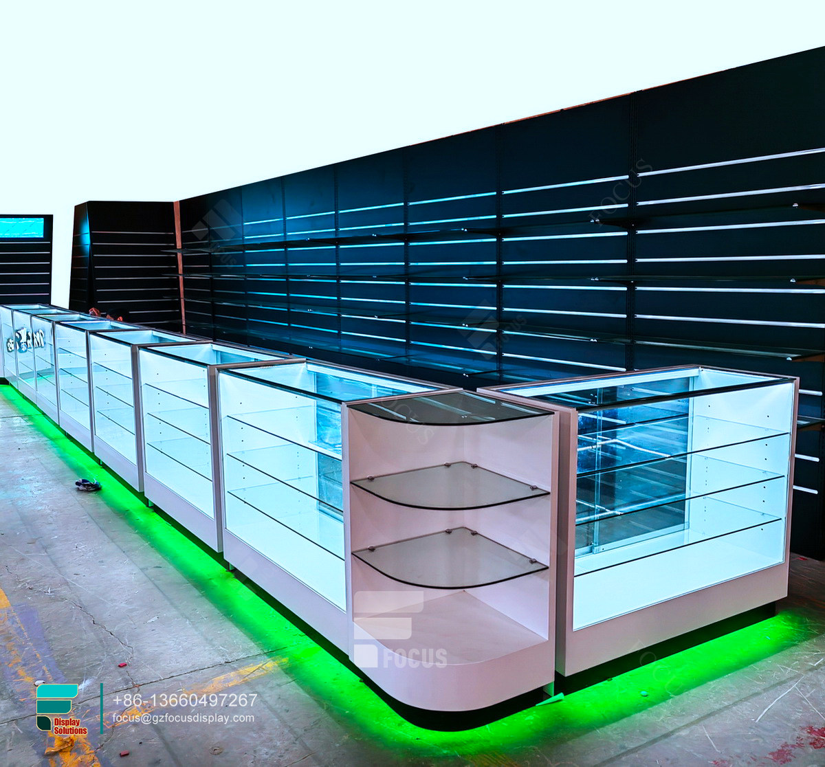 custom dispensary display cases round glass display case