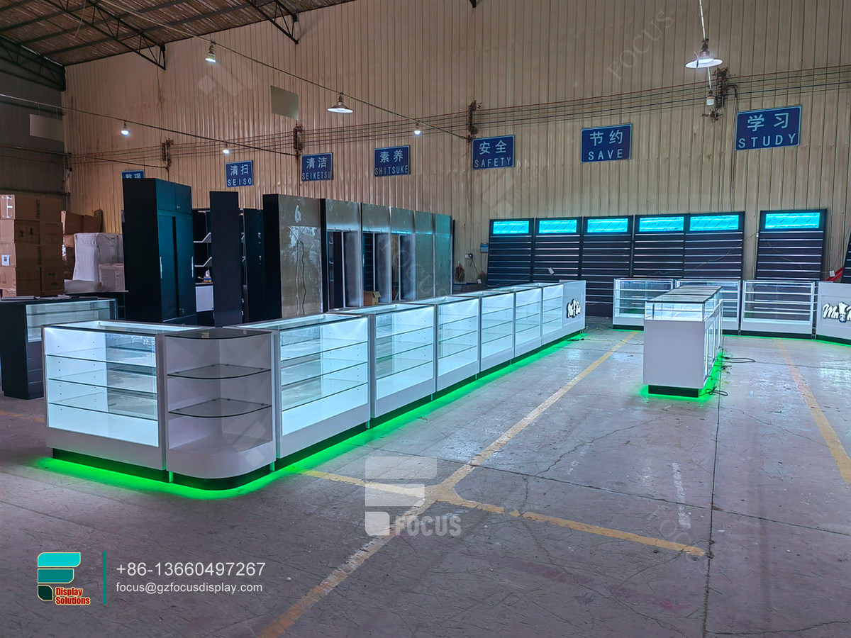 custom dispensary display cases round glass display case