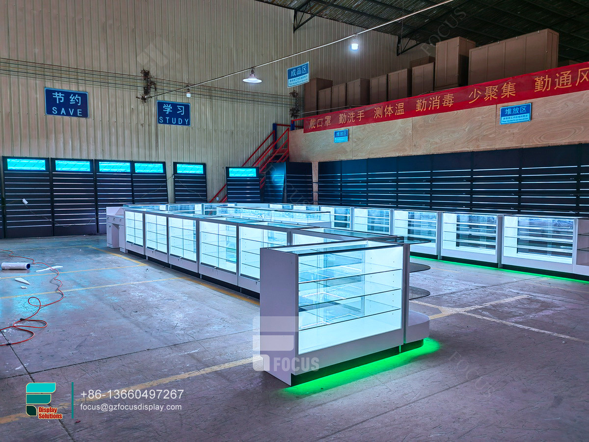 custom dispensary display cases round glass display case