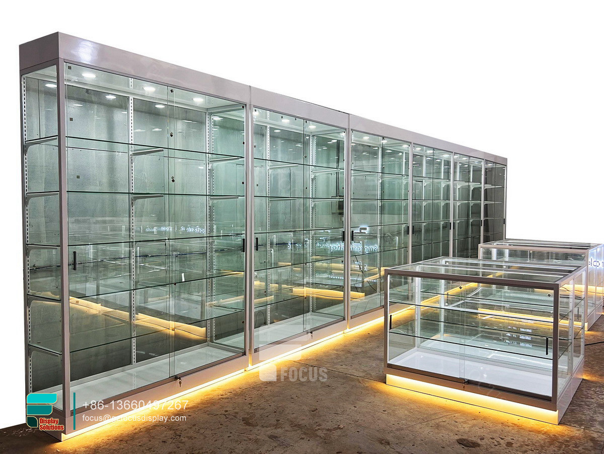 custom dispensary retail showcases glass display unit