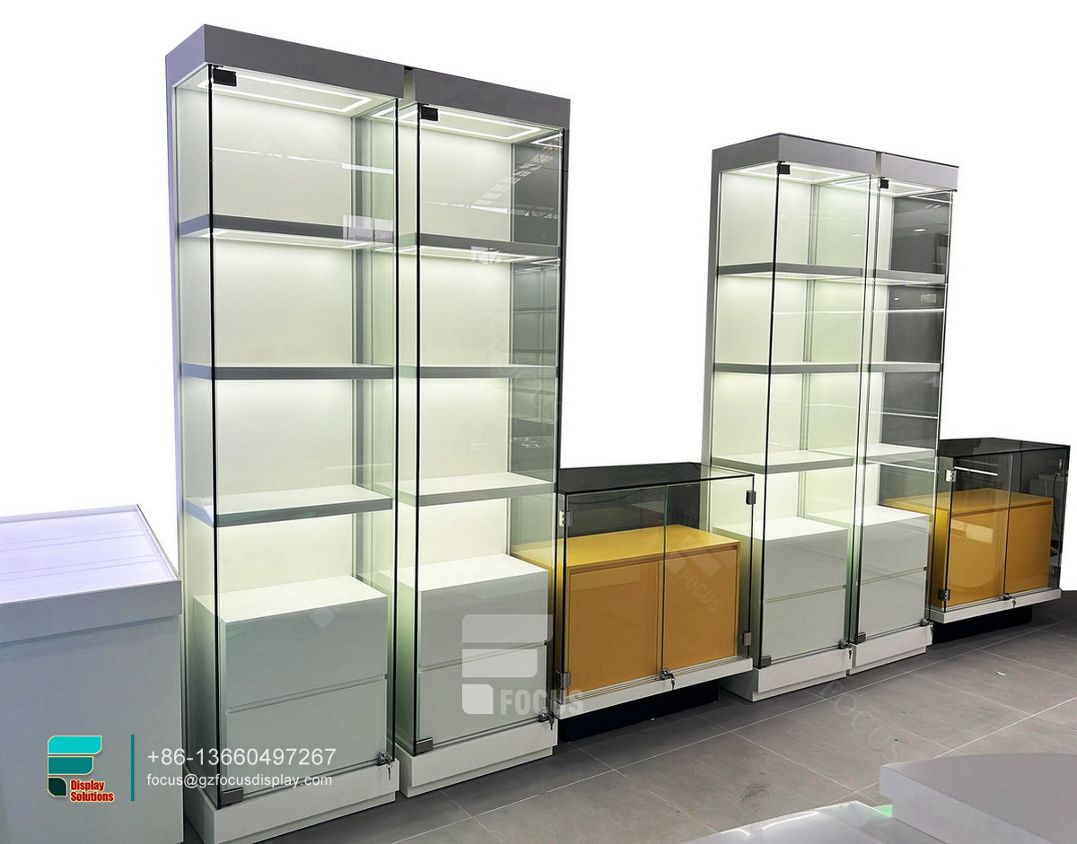 customized smoke shop showcases tall glass display cabinet