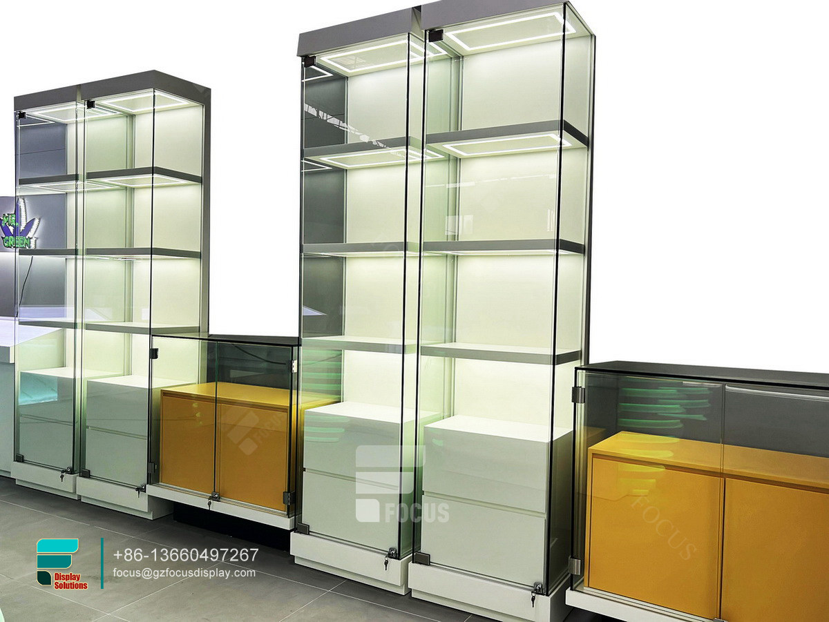customized smoke shop showcases tall glass display cabinet