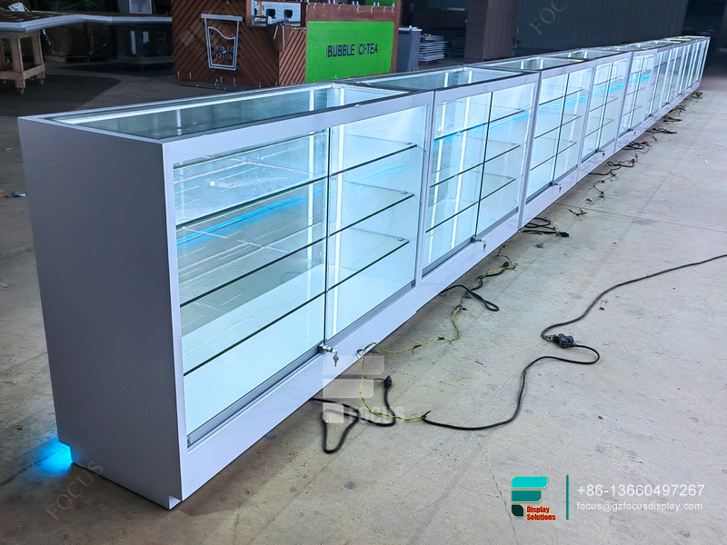 retail dispensary displays showcases glass display with led