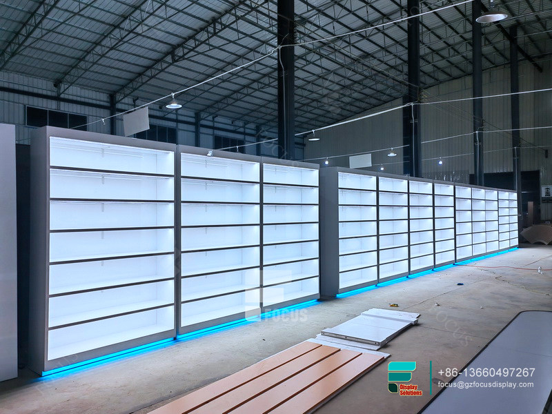 retail dispensary displays showcases glass display with led
