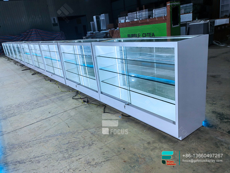 retail dispensary displays showcases glass display with led