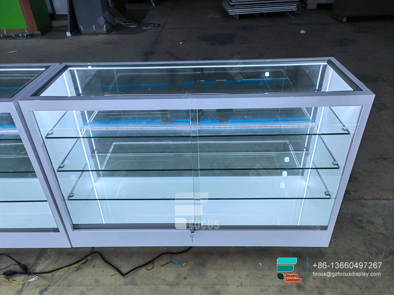 retail dispensary displays showcases glass display with led