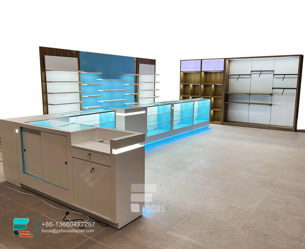 commercial smoke shop glass display shelf tobacco kiosk