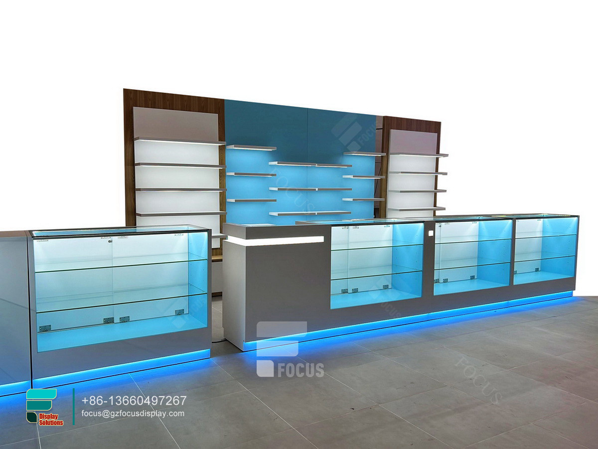 commercial smoke shop glass display shelf tobacco kiosk