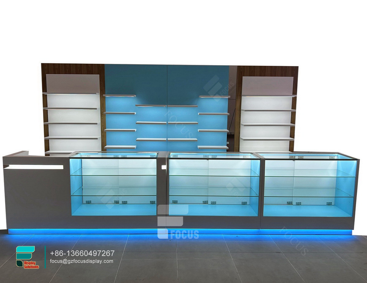 commercial smoke shop glass display shelf tobacco kiosk