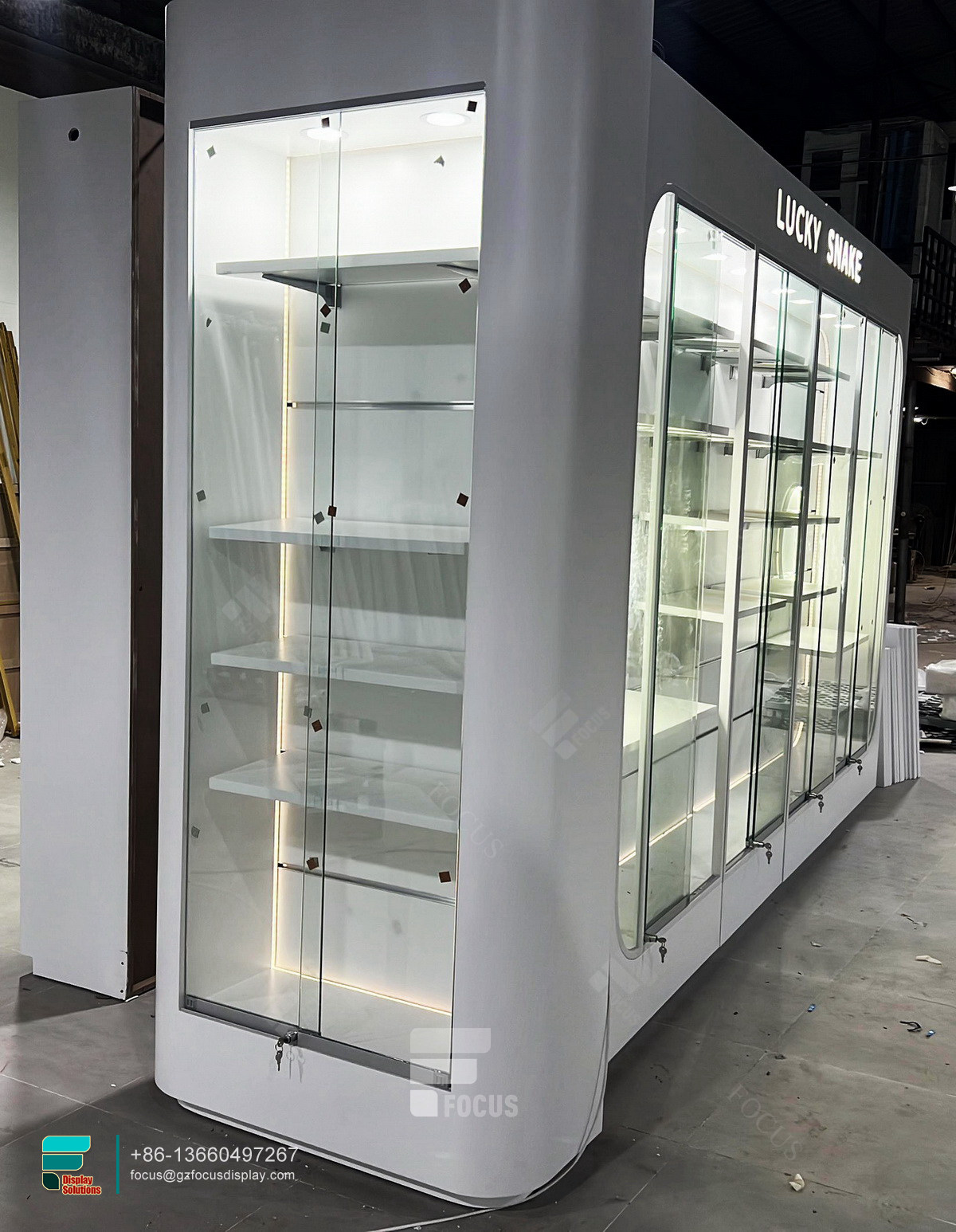 dispensary shelving counter display glass wall showcase